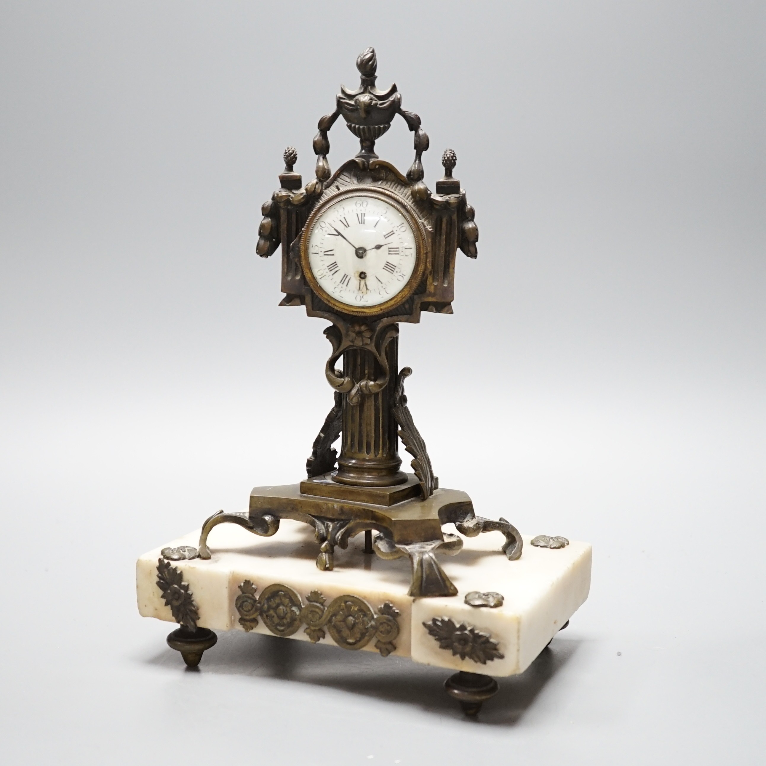 A French bronze and marble mantel clock, late 18th century, 30cm high, ex. 2nd Countess Mountbatten collection